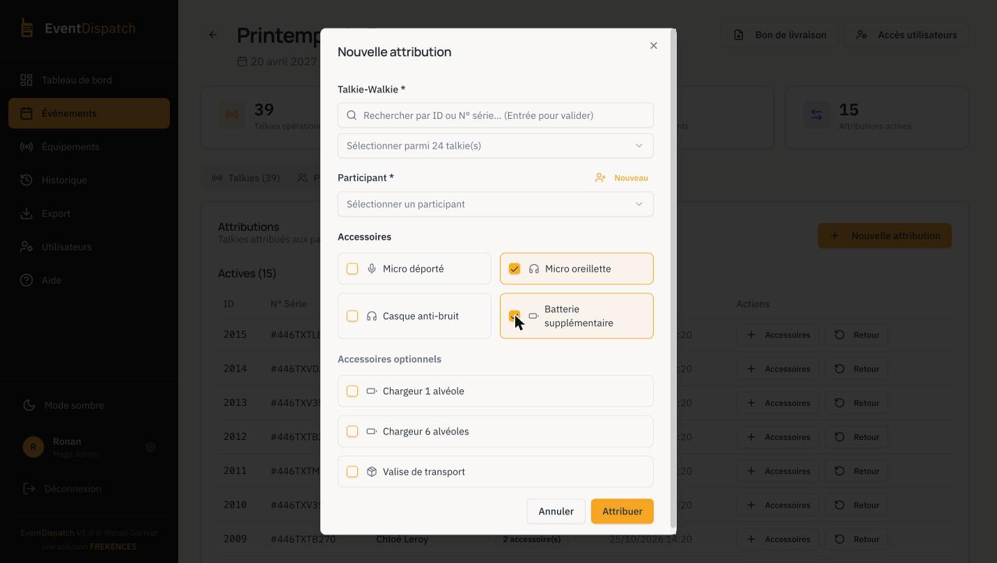 EventDispatch : remise d'un talkie avec choix des accessoires